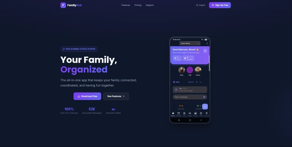 Family Hub marketing site with mobile app preview