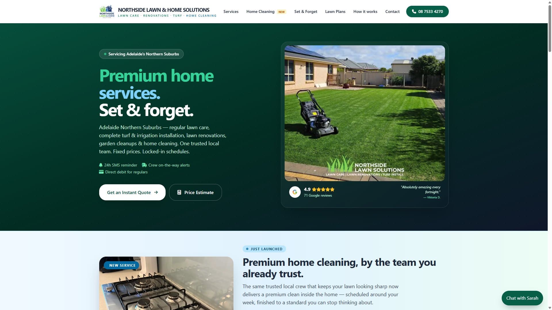 Northside Lawn & Home Solutions — premium home services hero with Sarah chat on the live site